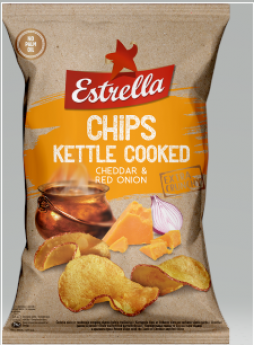 Čipsi ESTRELLA KETTLE ar čedara siera un sarkano sīpolu garšu 120g