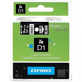 DYMO D1-TAPE 12MM X 7M WHITE ON BLACK                   IN