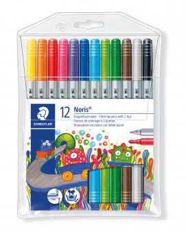 Flomasteri divpusīgi STAEDTLER NORIS Club 1.0 un 3.0 mm, 12 krāsas