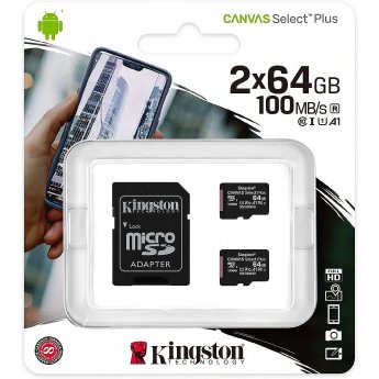 Kingston Canvas Select Plus 2Pack, microSDXC, 64GB, C10, U1, V10 +Adapter