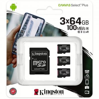Kingston Canvas Select Plus 3Pack, microSDXC, 64GB, C10, U1, V10 +Adapter