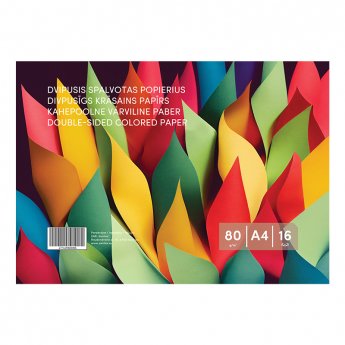 Krāsains papīrs, divpusējs (8 krāsas x 2), 16 loksnes, A4, 80 gsm