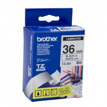 Lenta BROTHER TZE-261, 36 mm x 8 m, melni burti uz balta fona