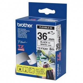 Lenta BROTHER TZE-FX261, 36 mm x 8 m, balti burti uz melna fona