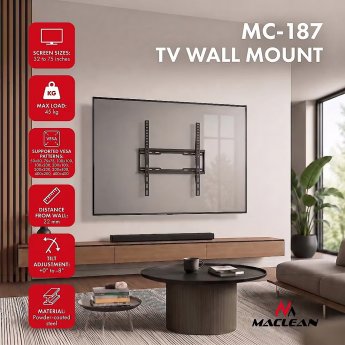 Maclean TV Mount / Bracket, max VESA 400x400, 32-75", up to 45 kg, black, tilt adjustment 0°–8°, MC-187