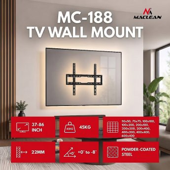 Maclean TV Mount / Bracket, max VESA 600x400, 37-86", up to 45 kg, black, tilt adjustment 0°–8°, MC-188