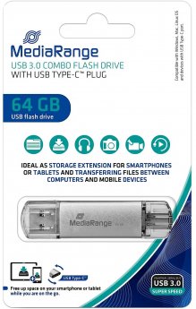 MediaRange combo memory stick 64 GB (silver/transparent, USB-A 3.2 Gen 1, USB-C 3.2 Gen 1)