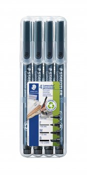 Noturīgais marķieris STAEDTLER LUMOCOLOR 4 dažādu marķieru komplekts (S, F, M, B) melna tinte