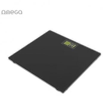 Omega OBSB Bathroom Body Scales (28x26cm) made from Hard 6mm Glass with LCD (max 180kg) Black