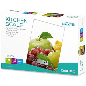 Omega OBSKWA Kitchen Scale (20 x 14.5 x 2cm) made from Hard 4mm Glass with LCD (max 5kg)