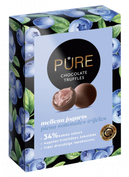 Piena šokolādes trifeles ar melleņu jogurta krēma pildījumu 148g, PURE