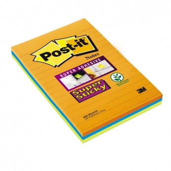 Piezīmju līmlapiņas Post-it Super Sticky līniju, 101x152mm, krāsainas, 3 gab./iepak.