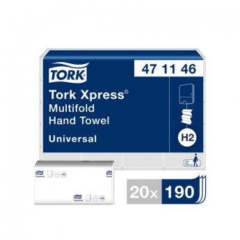 Roku dvieļi TORK Universal Xpress Multifold, 2 sl., 190 salvetes, 23.4 x 21.3 cm, baltā krāsā ar lapiņām