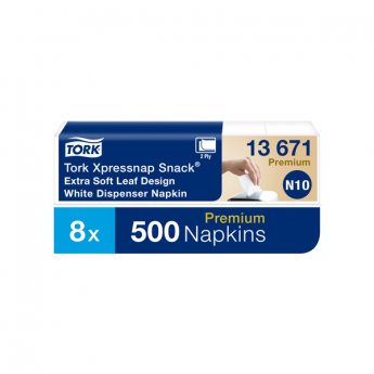Salvetes dozatoram TORK PREMIUM XPRESSNAP SNACK, 2 sl., loksnes izmērs 21.6 x 21.6 cm, 5 x 100 salvetes, baltā krāsā ar lapiņām