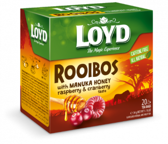 Sarkanā tēja LOYD Pyramids Rooibos ar Manuka medu, avenēm un dzērvenēm, 20x1,7 g