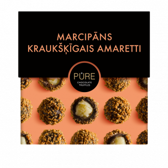 Šokolādes trifeles ar marcipāna krēma pildījumu un kraukšķīgo Amareto cepumu dekoru  96g, PURE