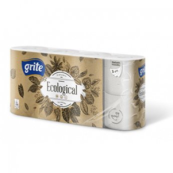 Tualetes papīrs GRITE Ecological 3 sl., baltā krāsā, 8 gab./iepak., 14.85m., 135 loksnes