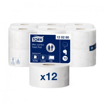 Tualetes papīrs TORK Advanced Mini Jumbo T2, 2 sl., 850 lapiņas rullī, 9.4 cm x 170 m, baltā krāsā ar lapiņām