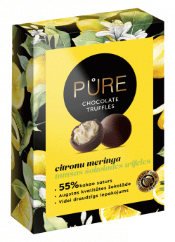 Tumšās šokolādes trifeles ar kraukšķīgo citronu meringas krēma pildījumu 148g, PURE