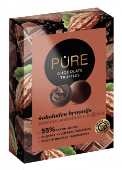 Tumšās šokolādes trifeles ar šokolādes braunija krēma pildījumu 148g, PURE