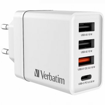 Verbatim CHR-30EU2 30 W USB Netzladegerät mit 4 Anschlüssen 1 x USB-C® PD 20 W / 1 x USB-A QC 3.0 / 2 x USB-A 10W, weiß