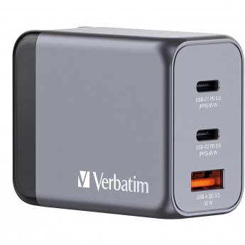 Verbatim GaN charger 65W, 1x USB-A, 2x USB-C (grey, PD 3.0, QC 3.0)