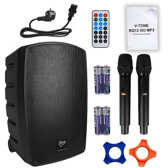 V-tone BQ12 GO MP3 - Kolumna aktywna akumulatorowa czarna, Bluetooth, TWS, USB, SD, DSP, AUX, pilot na podczerwień, 2x mikrofon bezprzewodowy, wysuwana rączka, kółka transportowe zestaw