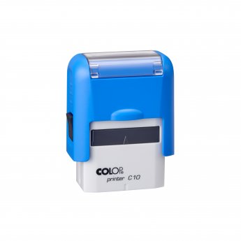 Zīmogs COLOP Printer C10, melns ar baltu korpuss, zils spilventiņš